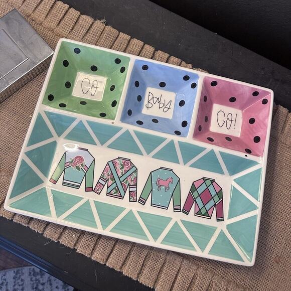 Magnolia Lane "Go Baby Go" Pink Green Preppy Sweater Platter Trinket Tray - Picture 1 of 4